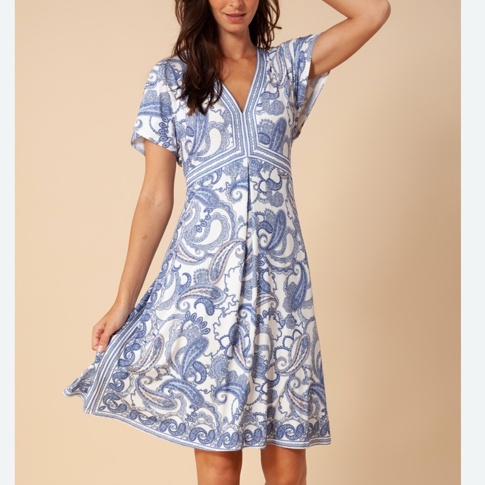 Elegant Blue and White Paisley Dress